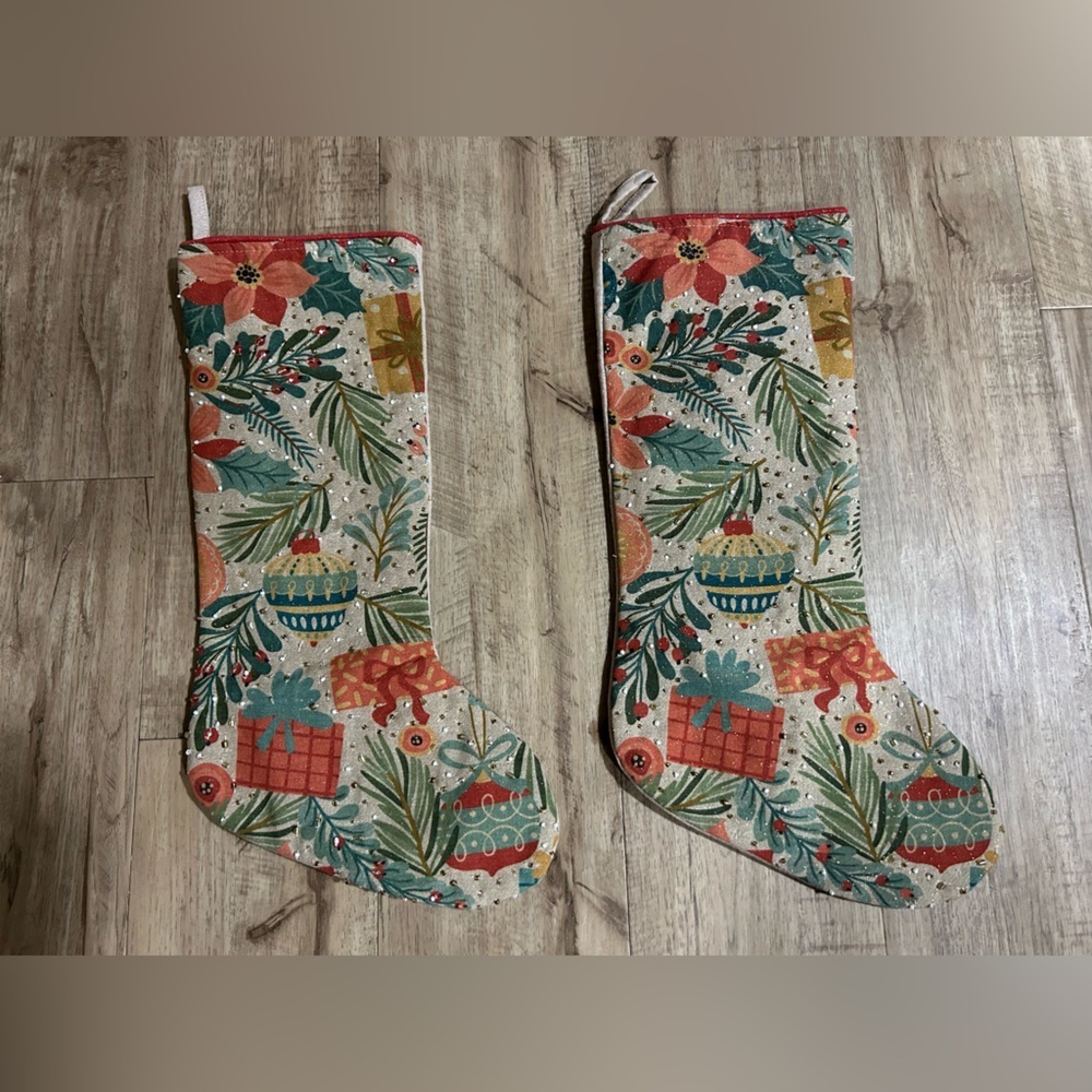 Festive Holiday matching Stockings set with Christmas  Design poinsettia gift